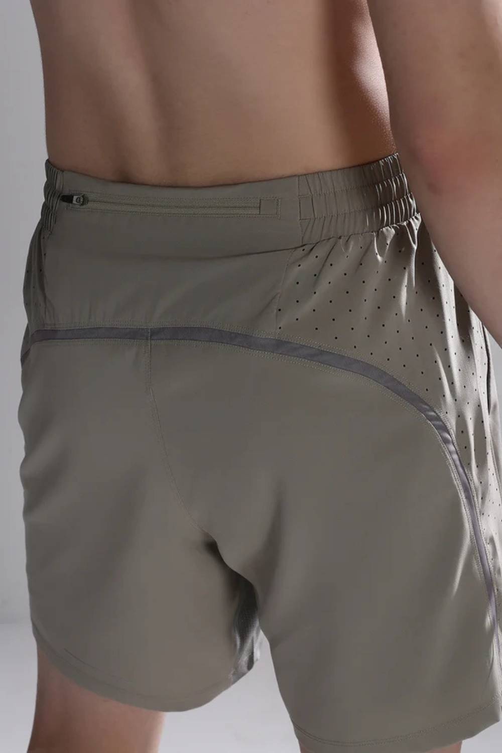 Zippered back pocket training and workout shorts for men #Color_Tech Beige