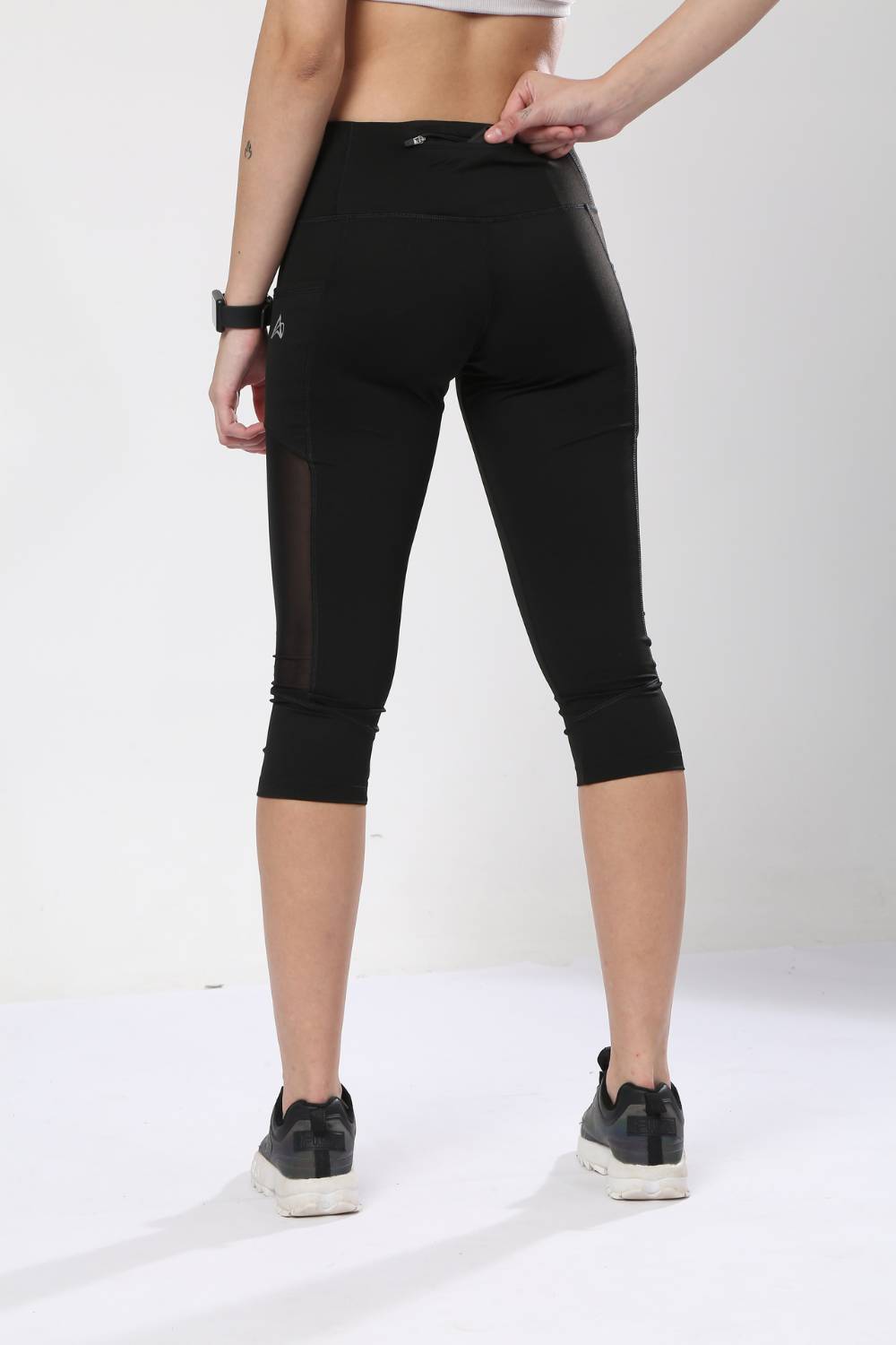 Buy women's black nylon mesh capri with side pockets #Color_Black