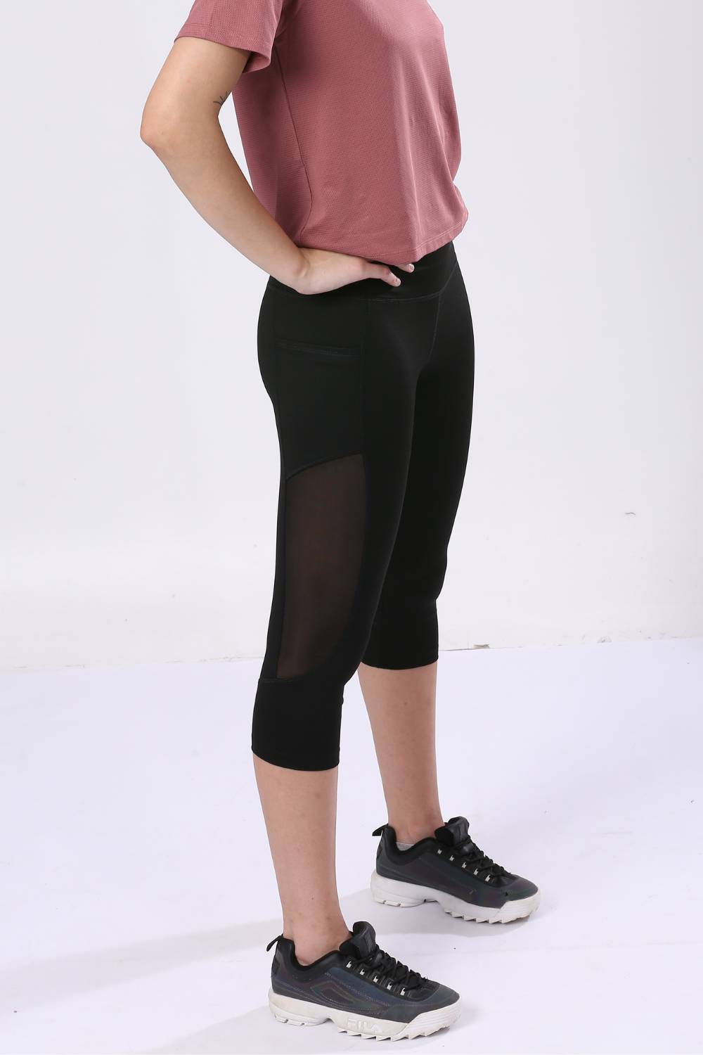Buy women's black nylon mesh capri with side pockets #Color_Black