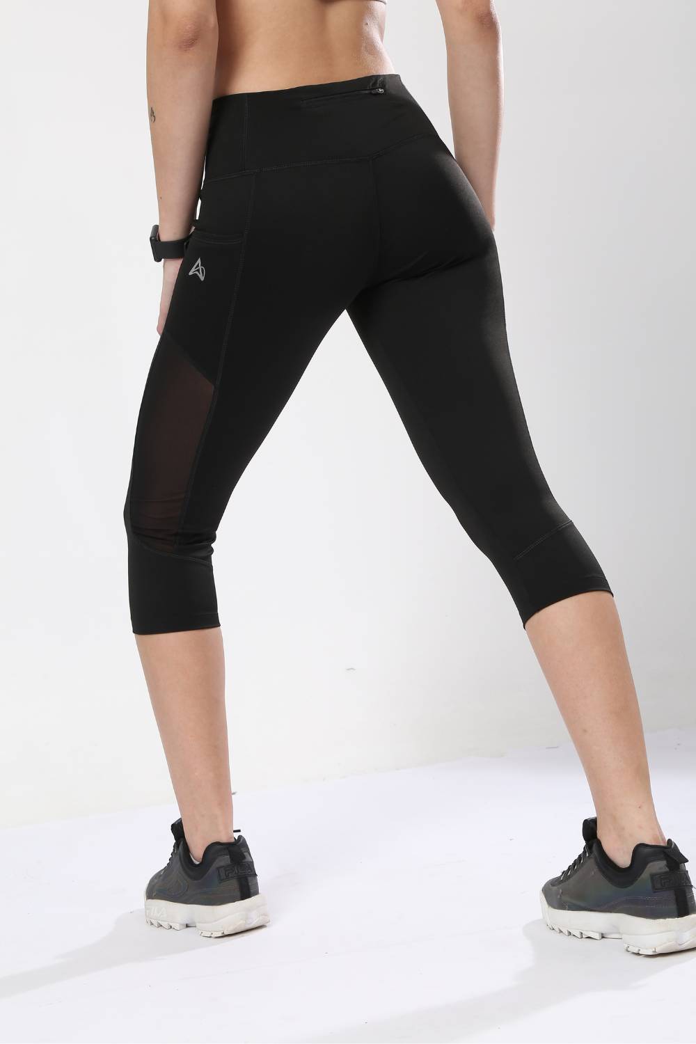 Buy women's black nylon mesh capri with side pockets #Color_Black