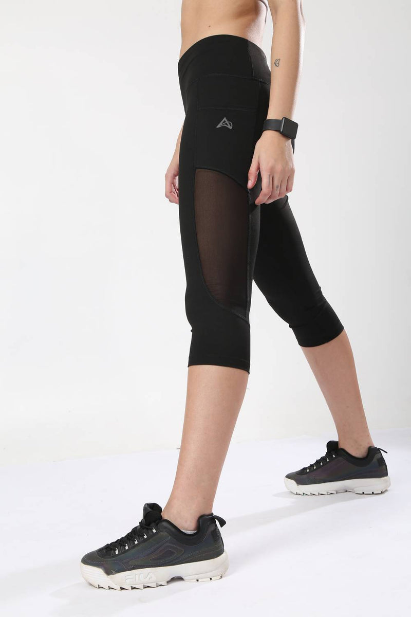 Buy women's black nylon mesh capri with side pockets #Color_Black